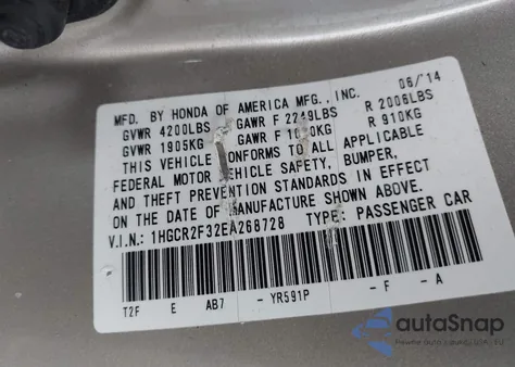 2014 Honda Accord Lx z USA, uszkodzony, nr VIN 1HGCR2F32EA268728